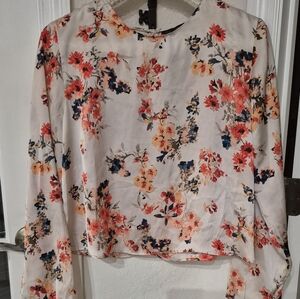 Zara Cream Floral Blouse with Coral & Navy Accents